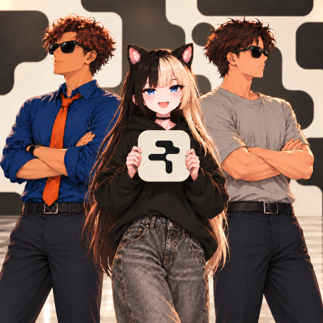 An anime-style illustration featuring three characters: a girl with cat ears in the center holding a logo, flanked by two men with sunglasses against a patterned background.