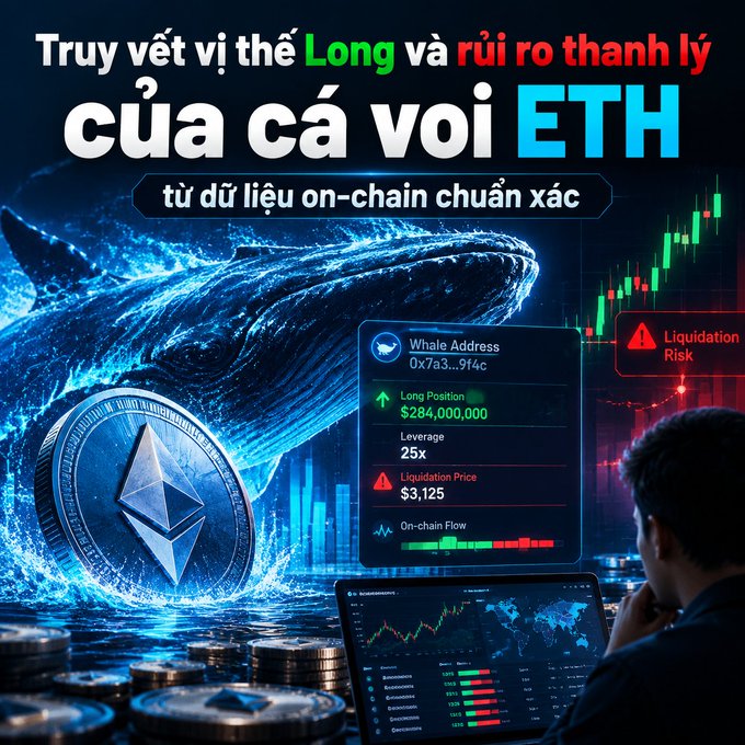 A promotional graphic in Vietnamese reading 'Truy vết vị thế Long và rủi ro thanh lý của cá voi ETH từ dữ liệu on-chain chuẩn xác', featuring an Ethereum coin, a stylized whale, and a trader monitoring charts with whale address data including a $284,000,000 long position and liquidation risk.