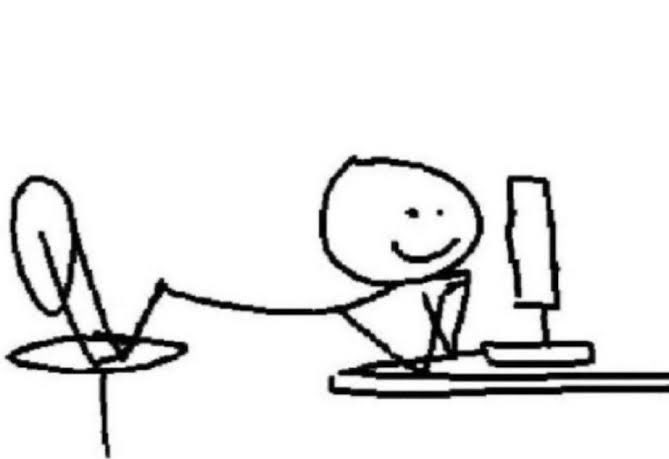 A stick-figure doodle shows a smiling person relaxing with their feet propped up on a desk in front of a computer monitor, appearing content or carefree despite the post's question about life after Web3.