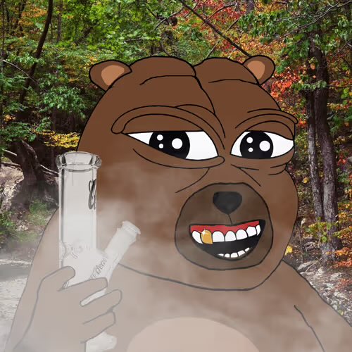 An anthropomorphic cartoon bear with a gold tooth grins while holding a glass bong, set against a forest backdrop. The image relates to the post's mention of "Bobo Council #2001," as the bear character appears to be Bobo Council smoking, humorously tied to someone "flooring a top 50" NFT.