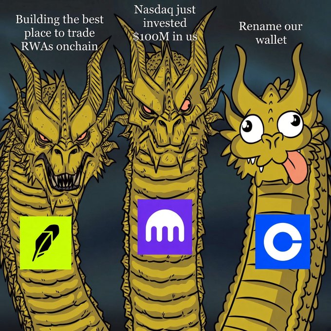 Three-Headed King Ghidorah meme labeling three crypto projects with different priorities: Robinhood (or RWA-related logo) with "Building the best place to trade RWAs onchain," Kraken's logo with "Nasdaq just invested $100M in us," and Coinbase with a goofy face captioned "Rename our wallet" — a humorous jab at the shift in industry focus toward serious institutional development versus superficial user-facing changes.