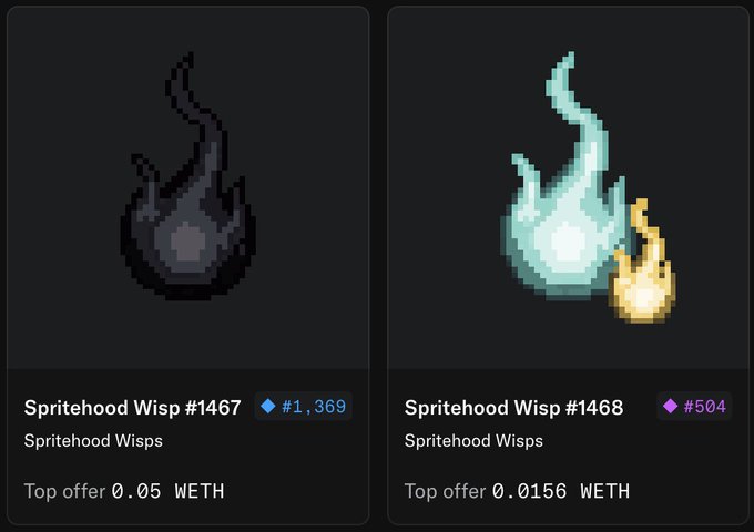 The image shows two "Spritehood Wisp" NFTs (#1467 priced at 0.05 WETH with a blue diamond rarity #1,369, and #1468 priced at 0.0156 WETH with a purple diamond rarity #504), which appear as small pixelated flame/wisp sprites—one dark and unassuming, the other glowing brightly in teal and yellow—illustrating the "Spritehood" NFT airdrop mentioned in the post.