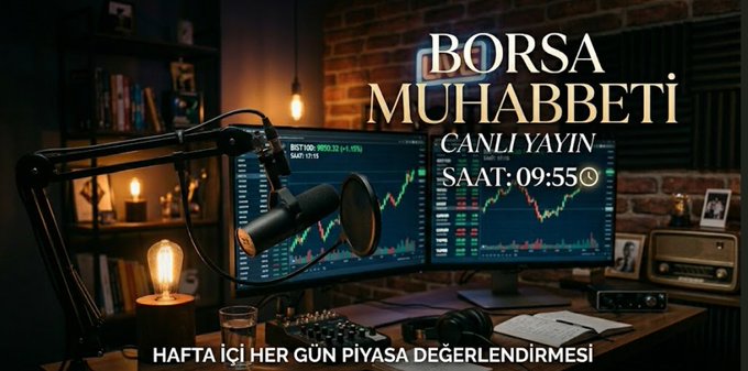 A live broadcast setup titled "BORSA MUHABBETİ" announces a market analysis session at 09:55, featuring professional microphones and dual monitors displaying colorful stock charts against a warm, ambient-lit studio backdrop. The Turkish text "HAFTA İÇİ HER GÜN PİYASA DEĞERLENDİRMESİ" (weekday daily market evaluation) reinforces the post's promotional message about the trading room's daily coverage of stocks, indices, BTC, gold, and international markets.