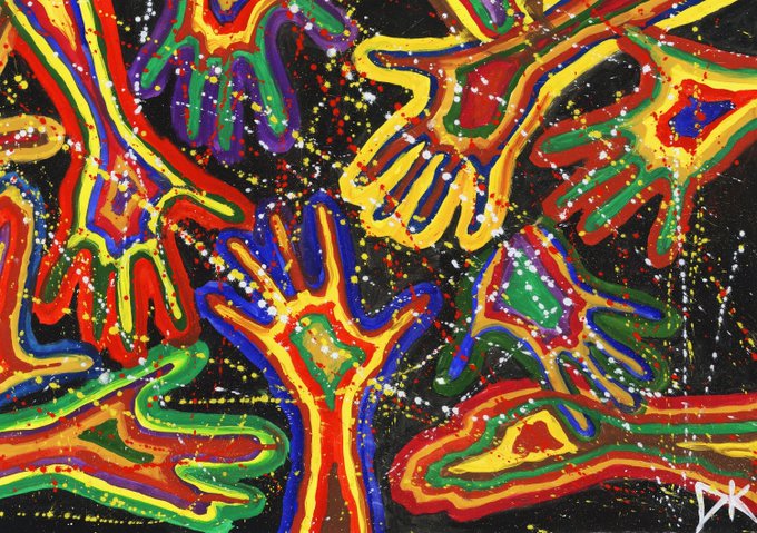 Vibrant, abstract hand silhouettes painted in gouache on A1 paper feature bold outlines in primary colors against a black background speckled with paint splatters, with a "DK" signature in the bottom right corner. The artwork's energetic, layered forms directly embody the post's "show of hands" theme, while the "#burnedpaintings" and "3 xtz" tags hint at its limited 11-edition NFT release in 2015.