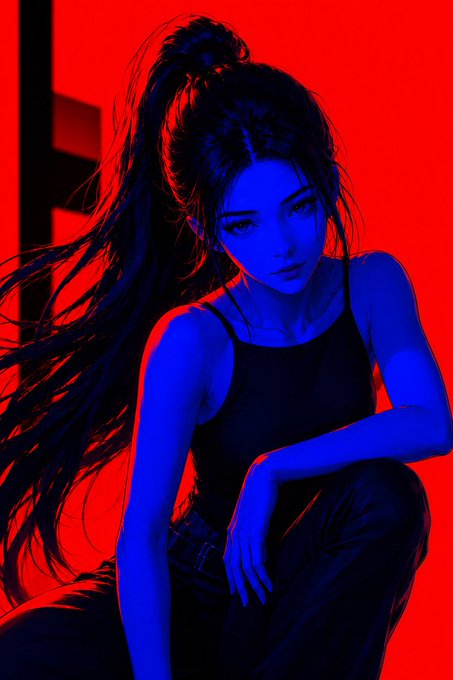 The image features an illustration of a woman with long hair wearing a black tank top. She has her arms crossed over her chest and is sitting down, looking at the camera. The background of the image is red, which contrasts with the blue color of the woman's hair. There are no texts or other objects in the image, making it a simple yet striking composition that focuses on the woman as its main subject.