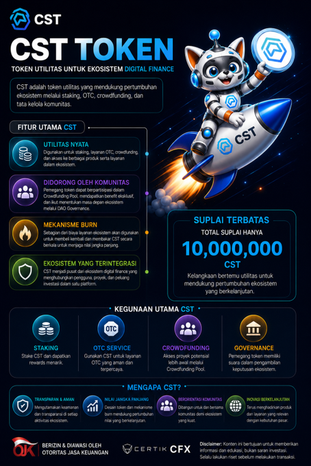 The image features a poster for a cryptocurrency called "CST token" with a cartoon cat holding a rocket ship, symbolizing space travel or exploration. The poster includes text that explains the purpose of the token, which is to facilitate digital finance through staking. It also mentions that there are 10,000 tokens available and that users can stake their tokens for rewards in the form of cryptocurrency.