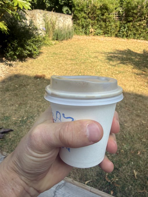 A hand holding a takeaway coffee cup with a beige lid in an outdoor garden setting with grass, stone wall, and trees in the background.