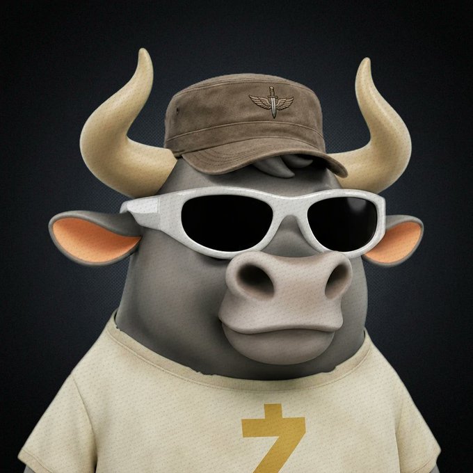 A 3D-rendered cartoon bull wearing white sunglasses, a brown military-style cap with an insignia, and a cream-colored shirt featuring a gold "7" — matching the post's playful "Gm Bulls" message about holding $ANSEM to $1B and considering a bull-themed PFP change.
