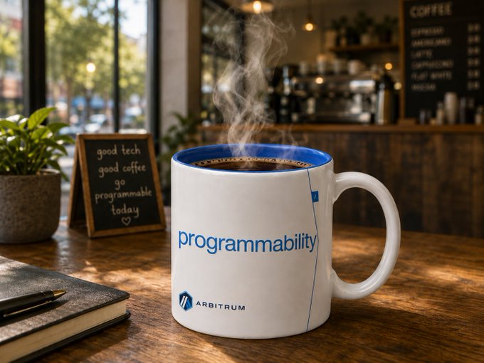 The image features a white coffee mug with blue text that reads "Programmability". The mug is placed on a wooden table, which also has a book and a pen nearby. In the background, there are potted plants adding greenery to the scene. The phrase "markets never sleep" can be seen in the image as well.