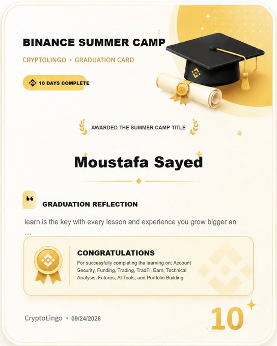 A 'Binance Summer Camp' graduation card for 'Moustafa Sayed' from CryptoLingo, dated 09/24/2026, featuring a graduation cap and diploma graphic with a score of 10.