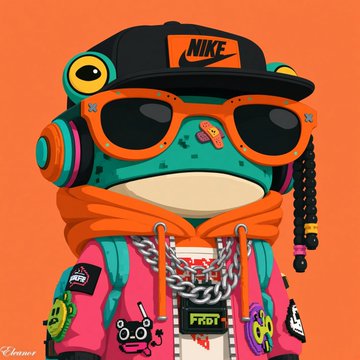 A cartoon frog character wearing a black Nike cap, orange sunglasses, headphones, and a colorful jacket, posed against an orange background.