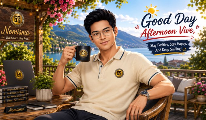 The image features a man sitting at a table with a laptop, holding a coffee cup. The background of the image shows a beautiful view of water and mountains, creating a serene atmosphere. There are several books scattered around the scene as well. The text in the image reads "Good Day Nomisma", which suggests that this is an advertisement or promotional material for Nomisma.