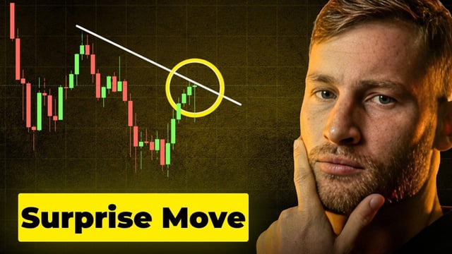 A YouTube thumbnail featuring a stock chart with a circled 'Surprise Move' breakout against a downward trendline, alongside a contemplative man with his hand on his chin.