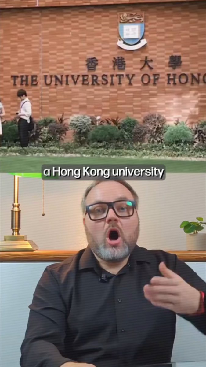 A two-part image showing a wall sign reading 'THE UNIVERSITY OF HON[G KONG]' and a caption 'a Hong Kong university' above a man with glasses speaking with an open mouth.