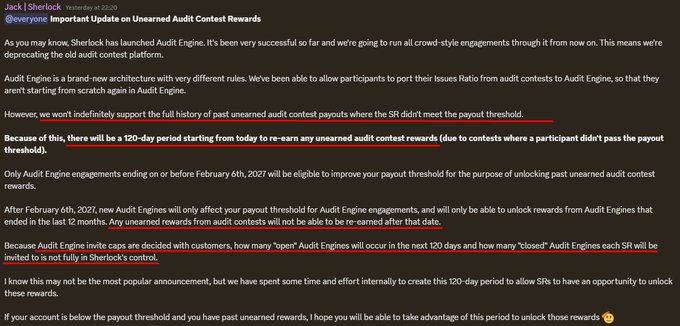 A tweet from Jack | Sherlock (@everyone) dated yesterday announces important updates about unearned Audit Contest Rewards, highlighting that Sherlock won't indefinitely support past unearned payouts and outlining a 120-day period to re-earn them, with new rules taking effect after February 6th, 2027.