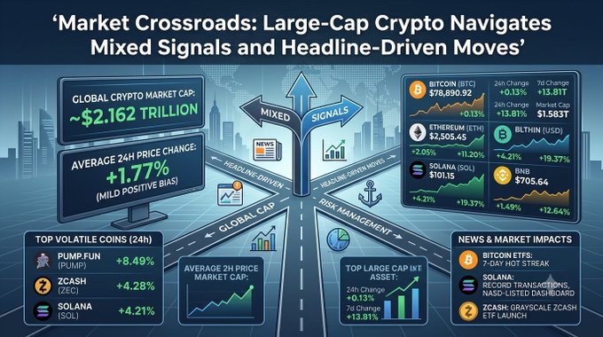 A crypto market infographic titled 'Market Crossroads: Large-Cap Crypto Navigates Mixed Signals and Headline-Driven Moves' showing BTC at $78,890.92, ETH at $2,505.45, and other coins with their 24h changes.