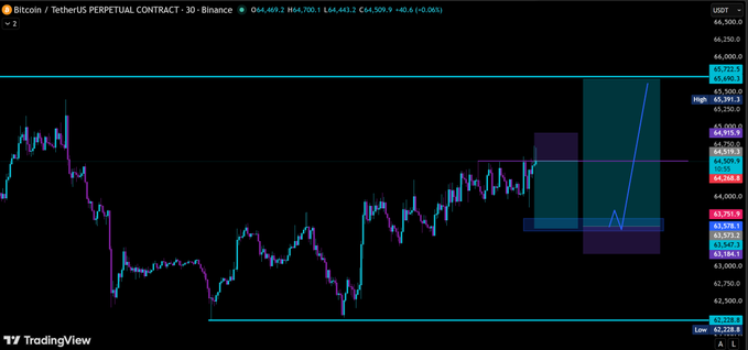 A TradingView candlestick chart for the 'Bitcoin / TetherUS PERPETUAL CONTRACT' on Binance.