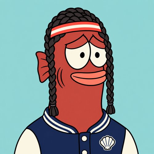 A cartoon illustration of a red fish character with braided hair and a headband wearing a blue and white varsity jacket against a light blue background.