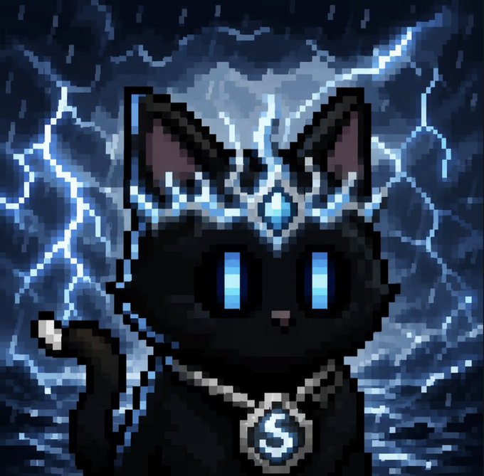 A pixel art illustration of a black cat wearing an ornate crown with a blue gem, featuring bright blue eyes and a necklace with an 'S' pendant, set against a dark stormy background with lightning.
