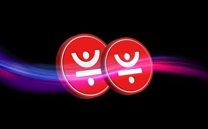Two red circular cryptocurrency tokens with a stylized symbol displayed against a dark background with purple and blue light streaks.