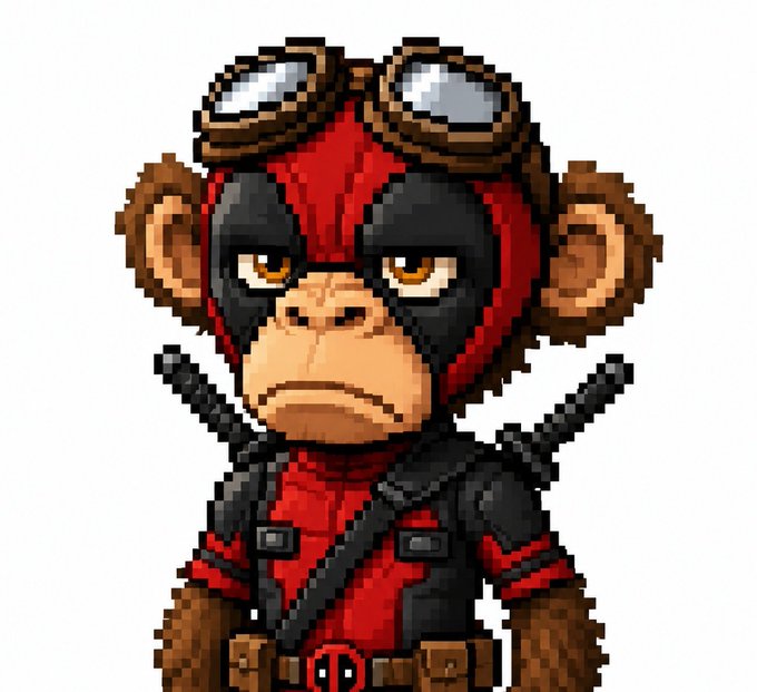 A pixel-art monkey character wears goggles, a red-and-black outfit, belts, and two sword handles on its back.