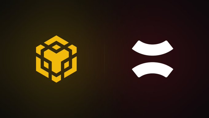 A dark gradient graphic displays a yellow Binance-style cube logo on the left and the white Coinbase logo on the right.