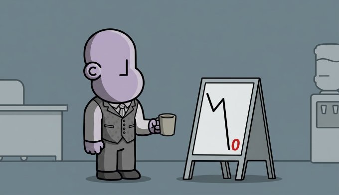 A cartoon illustration of a bald man in a vest holding a coffee cup, looking at a sign displaying a downward trending line graph with a red zero.