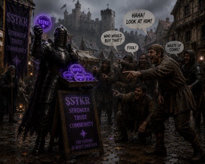 A satirical fantasy scene showing an armored knight selling purple '$STKR' coins at a 'STRENGTH TRUST COMMUNITY' stand, while medieval peasants mock him with speech bubbles like 'HAHA! LOOK AT HIM!' and 'WASTE OF COINS!'.