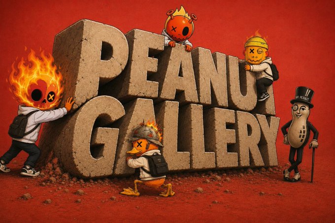 The image shows cartoon characters—a flaming pumpkin-headed figure, a crowned peanut, a fire-headed character, a duck in a firefighter helmet, and a top-hatted peanut labeled "Mr. Peanut"—interacting with large stone-like 3D letters spelling "PEANUT GALLERY" against a red background. The illustration visually represents the recurring "Peanut Gallery" segment, with the dynamic characters and bold text reinforcing the show's branding for the Thursday 6 PM EST discussion.