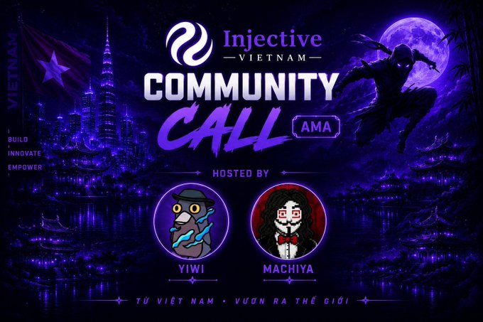 The image features a poster for an event called "Injective Community Call" that takes place in Vietnam. The poster includes two cartoon characters, one of which is wearing a mask with a gun, while the other has a mask with a sword. These characters are positioned on either side of the text "Injective Vietnamese Community Call". The poster also displays the names of some of the hosts and attendees for this event.