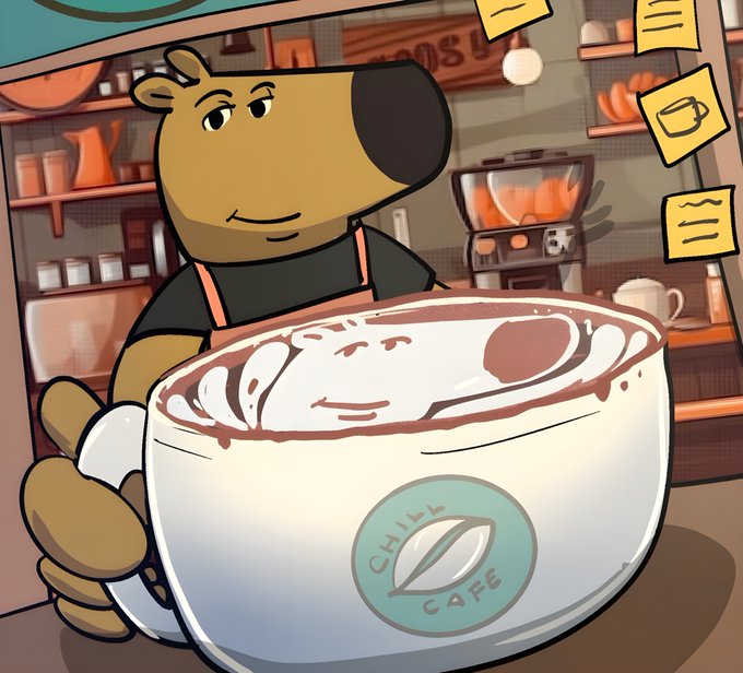 A cartoon capybara barista holds a latte featuring latte art of a similar capybara, branded with a 'CHILL CAFE' logo, set inside a cozy café.