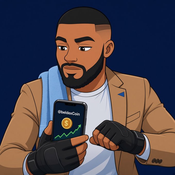A 2D animated-style illustration of a bearded man in a brown jacket and fingerless gloves holding a smartphone that displays "@beldexCoin" with a rising price chart.