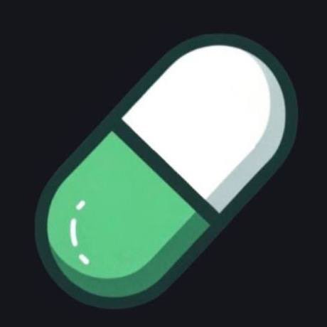A simple graphic illustration of a green and white pharmaceutical capsule pill on a black background.