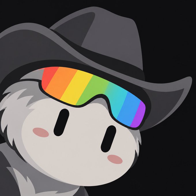 A digital illustration of a round white character wearing a black cowboy hat and rainbow-colored visor sunglasses against a black backdrop.