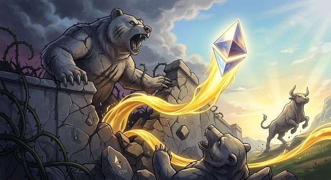 A powerful stone bear roars as it defends a crumbling fortress from a charging bull, while a golden Ethereum logo shatters through the wall's resistance — symbolizing $ETH's breakout above the key resistance zone and reclaiming the EMA50. The visible "ETH" text on the rubble reinforces the imagery of a bullish surge overcoming bearish defenses.