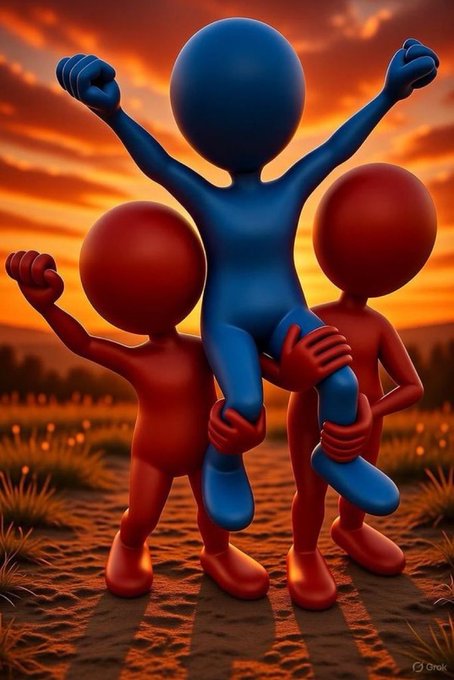 A 3D rendered illustration showing a blue figure being lifted up by two red figures against a sunset landscape, with 'Grok' watermark visible in the corner.