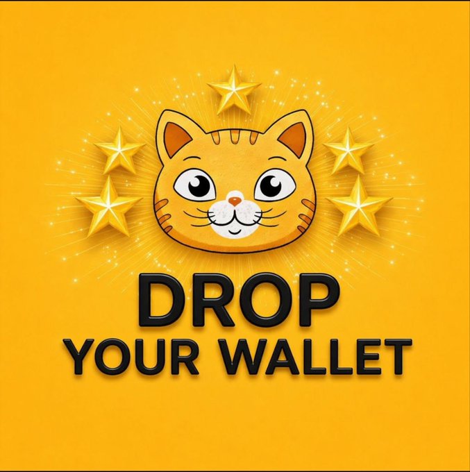The image features a cute cartoon cat face with golden stars radiating around it on a bright yellow background, with the bold text "DROP YOUR WALLET" below, directly echoing the promotional instruction in the post for participants to submit their Solana wallet addresses to receive the $MONA meme coin airdrop.