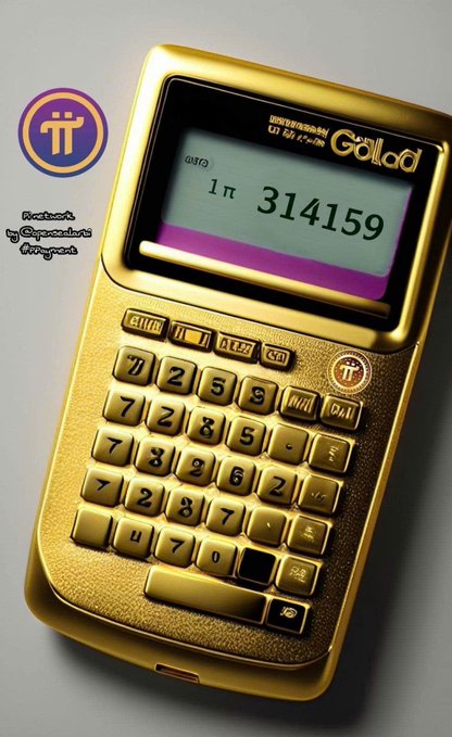A gold calculator displays "π 314159" on its screen, alongside a Pi Network logo, symbolizing the project's connection to the mathematical constant pi and its projected 2026 breakthrough.