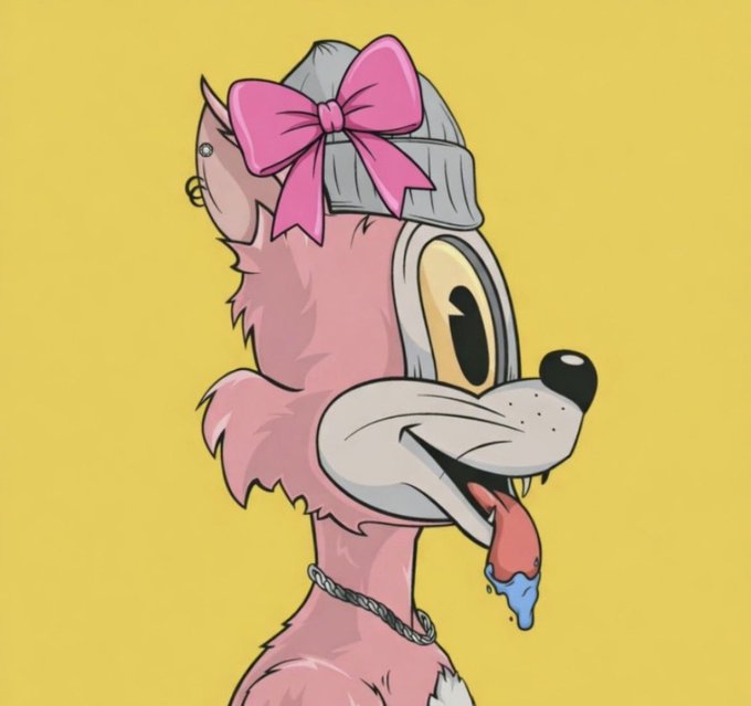 A cartoon illustration of a pink poodle wearing a gray beanie with a pink bow and a chain necklace, with its tongue out against a yellow background.