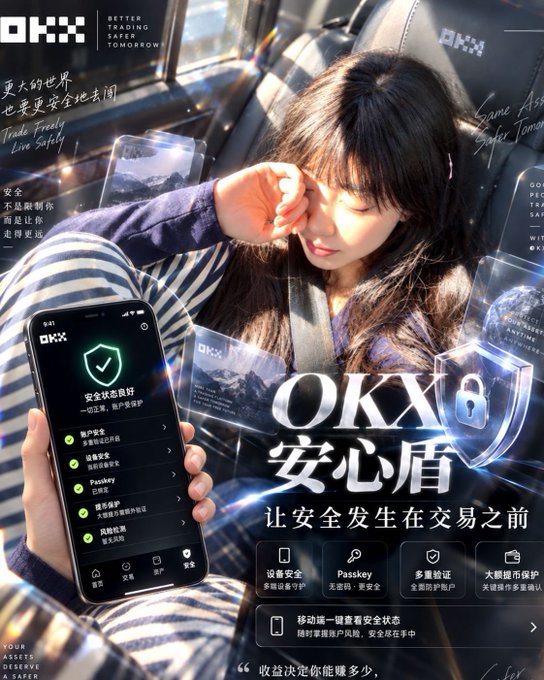 A young woman in a car holds up her smartphone displaying the OKX app's "安全状态良好" (Security Status Good) screen, featuring options for asset safety, transaction safety, Passkey, and account safety, alongside the OKX shield logo and the slogan "OKX 安心盾 - 让安全发生在交易之前" (OKX Safety Shield - Let safety happen before trading). The image reinforces the post's "OKX Safety Comes First" theme by visually promoting OKX's multi-layered security features for crypto trading.