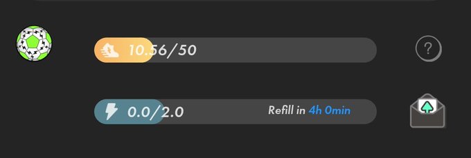 A dark-mode app interface showing STEPN sneaker stats with an Energy bar at 10.5/50 and a Lightning bar at 0.0/2.0, which will "Refill in 4h 0min." The image illustrates the STEPN energy/energy recovery system referenced in the post, where the user can earn GST by walking once they have sufficient energy to play.