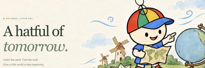A cheerful cartoon boy wearing a colorful propeller hat holds a map and points toward a globe, set against a backdrop of windmills and a cloudy sky. The banner features the tagline "BIG IDEAS, LITTLE HAT," the headline "A hatful of tomorrow," and the message "Catch the wind. Find the truth. Give a little world a new beginning," serving as the newly added banner image for the Robinhood token $GOOBLES on Moby.