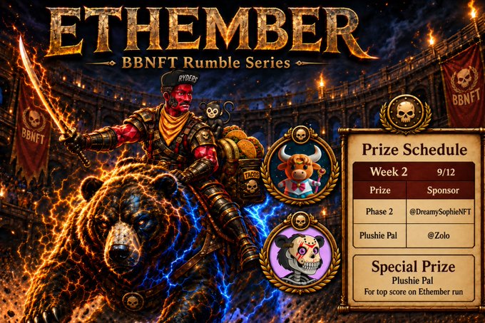 A vibrant promotional banner for 'ETHEMBER BBNFT Rumble Series' featuring a warrior riding a bear wreathed in fire and lightning, alongside a 'Prize Schedule' table and cartoon NFT icons.