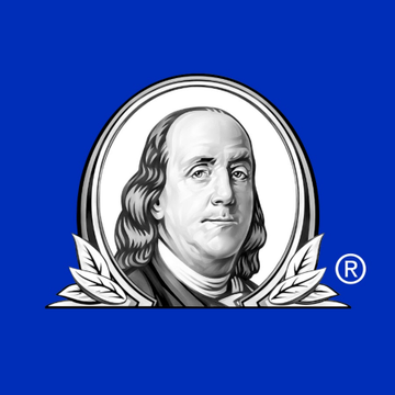 The image displays the Franklin Templeton logo, featuring a portrait of Benjamin Franklin within an oval frame surrounded by laurel branches on a blue background, with the registered trademark (®) symbol visible. The logo ties directly to the post about Franklin Templeton's quarterly earnings presentation, where the firm highlighted bitcoin and crypto as key growth areas, including $600 billion in crypto ETF AUM and the launch of Franklin Crypto.