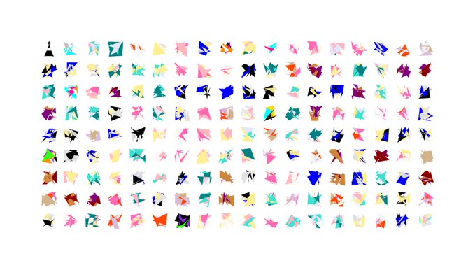 A grid displaying hundreds of small, colorful abstract polygonal and origami-like shapes on a white background.