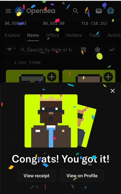 An OpenSea mobile app screenshot shows a successful NFT purchase with confetti animation, displaying a pixelated character NFT and the text 'Congrats! You got it!' along with 'View receipt' and 'View on Profile' buttons.