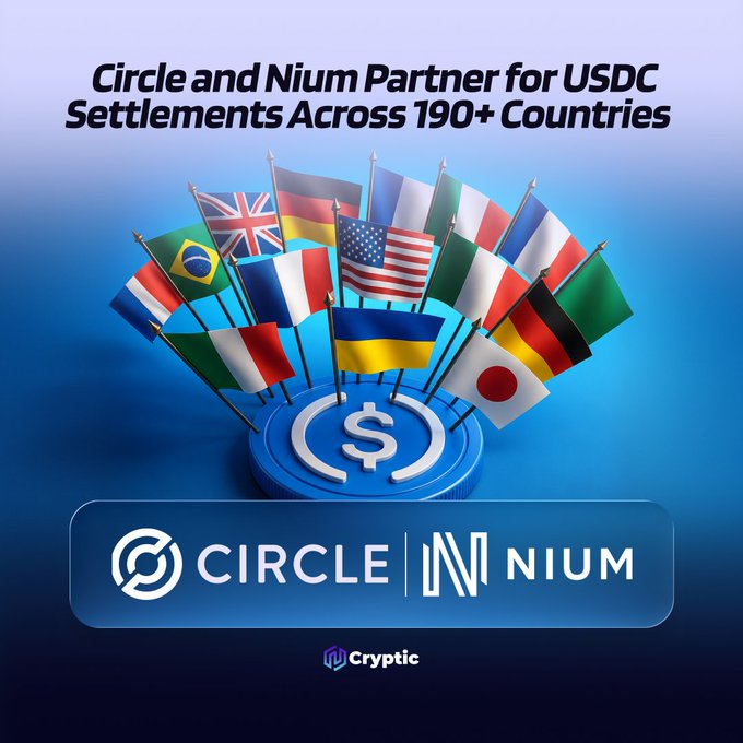 The image features a collection of international flags, including those from the United States, Europe, Asia, Africa, and Australia. The text above the flags reads "BIG: @circle and @NiumGlobal are connecting USDC settlement with real time payout infrastructure across more than 190 countries and 100 currencies." This suggests that the image is promoting a new cryptocurrency called Circle Nium, which connects settlements in various countries to facilitate real-time payments using the cryptocurrency.