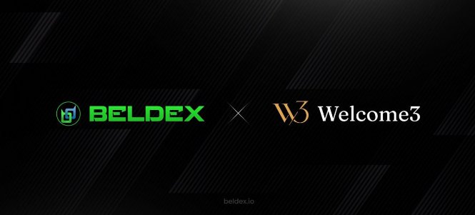 A dark promotional graphic displaying logos for 'BELDEX' (in green) and 'Welcome3' (with a stylized W3) separated by an 'X', with 'beldex.io' text at the bottom.