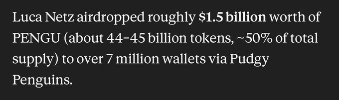 The image shows text stating that Luca Netz airdropped approximately **$1.5 billion** worth of **PENGU** tokens (44-45 billion tokens, about 50% of total supply) to over 7 million wallets through Pudgy Penguins. This relates to the post by highlighting Luca Netz's credibility as the founder behind one of the most successful memecoin airdrops in history, lending weight to his endorsement of ANSEM.