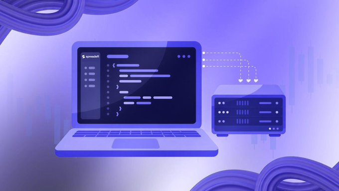 A stylized purple illustration shows a laptop displaying code and a connected server unit, with cables visible in the background.